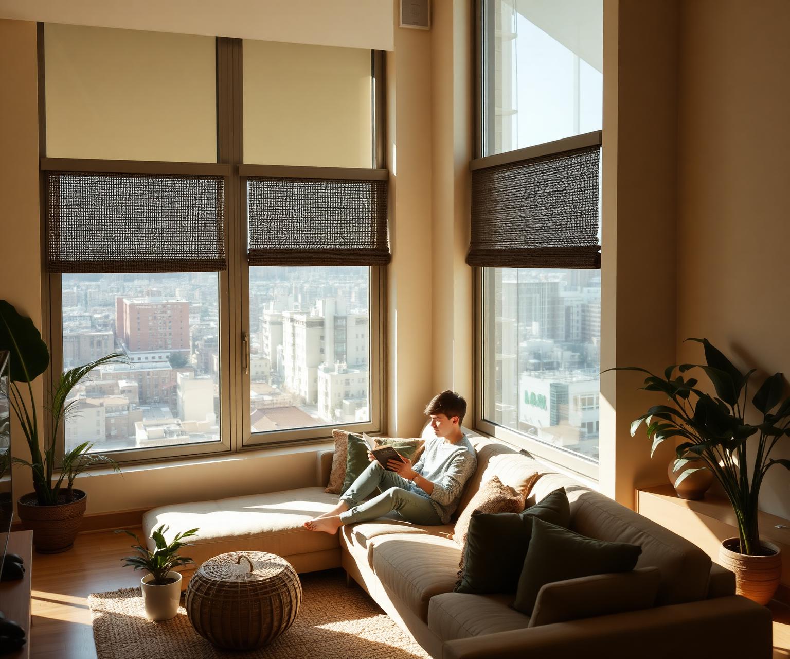 Sunlit modern apartment with a young professional reading by a city-view window