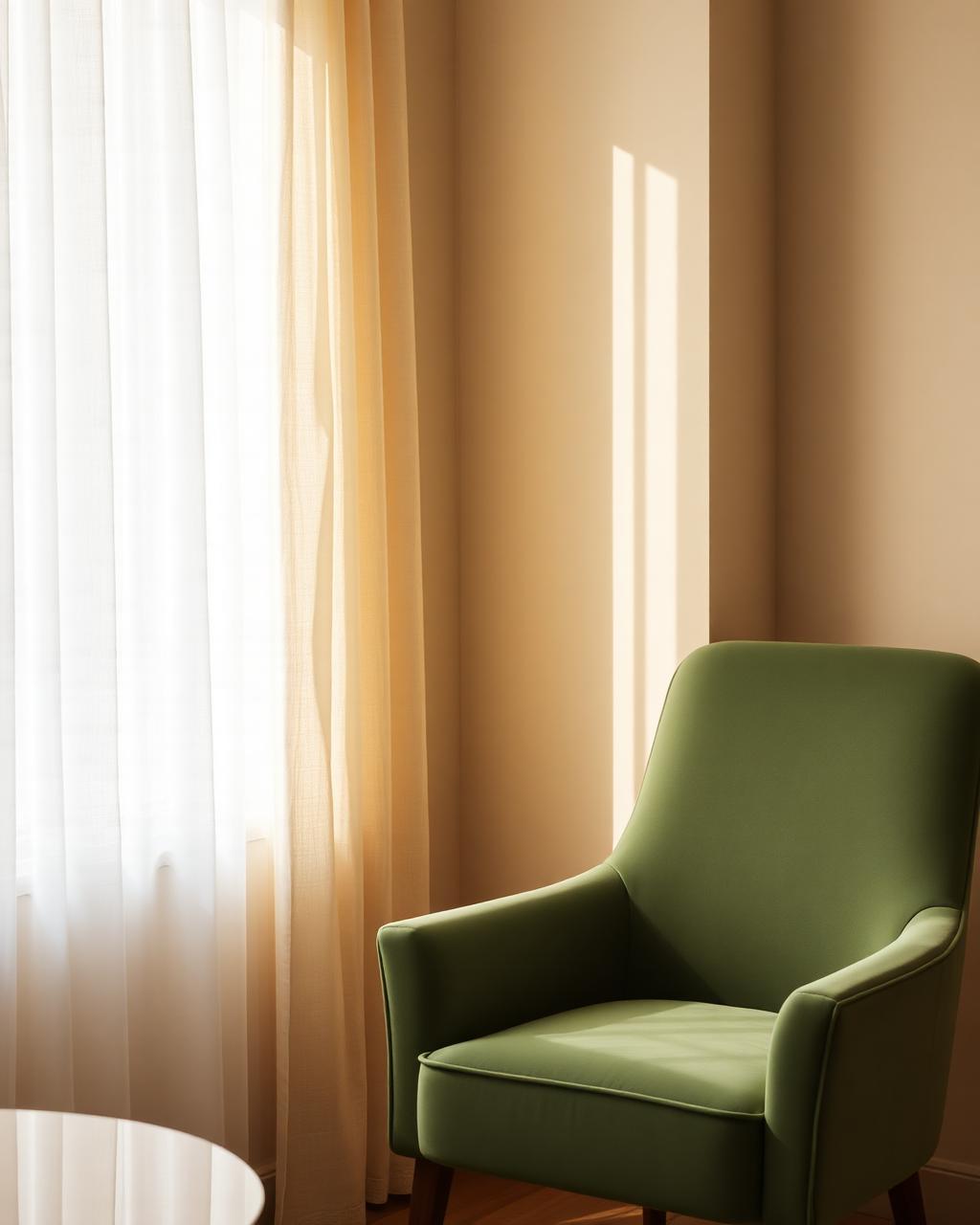 Sage green chair by sheer curtain